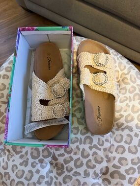 Forever Link Cream Braided Slide Sandals with Decorative Buckles